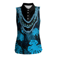 Blue Hawaii Kukui Nut Lei Women Sleeveless Polo Shirt Hawaiian Pattern Monstera Tropical Vibes LT14 Female Blue - Polynesian Pride
