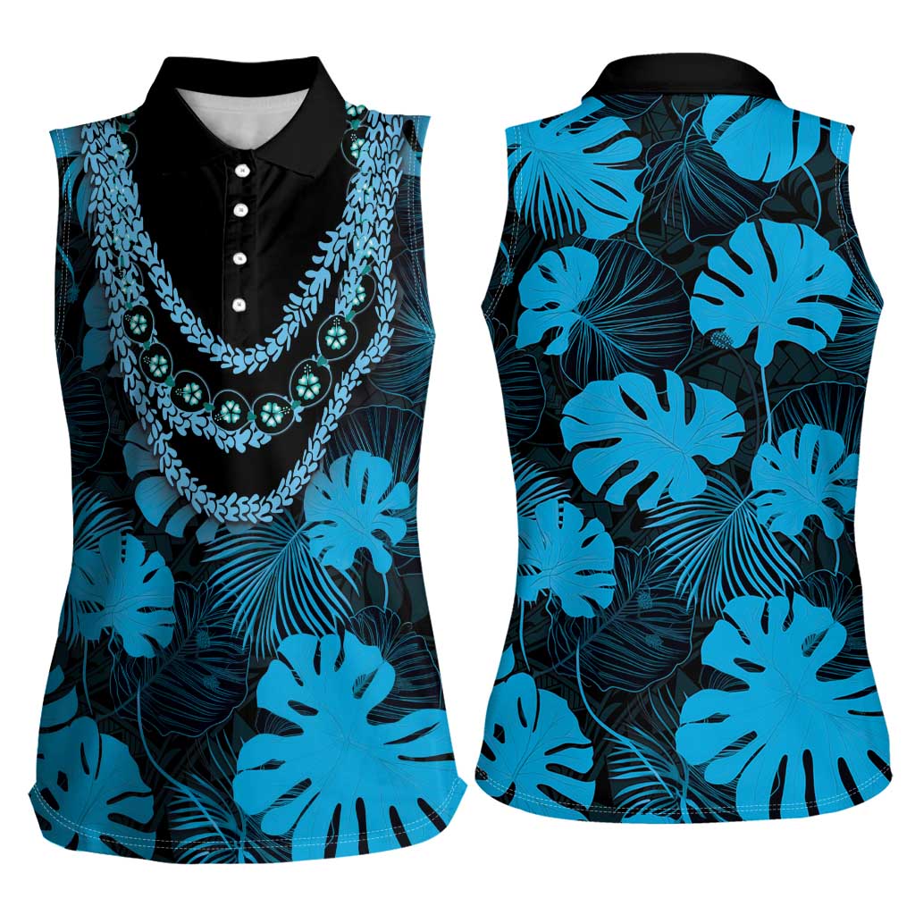 Blue Hawaii Kukui Nut Lei Women Sleeveless Polo Shirt Hawaiian Pattern Monstera Tropical Vibes LT14 - Polynesian Pride