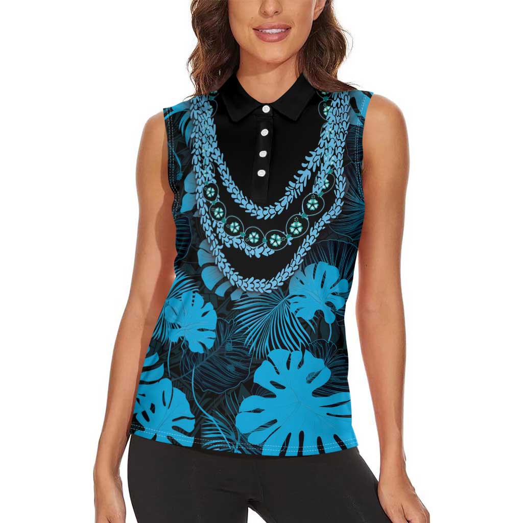 Blue Hawaii Kukui Nut Lei Women Sleeveless Polo Shirt Hawaiian Pattern Monstera Tropical Vibes LT14 - Polynesian Pride