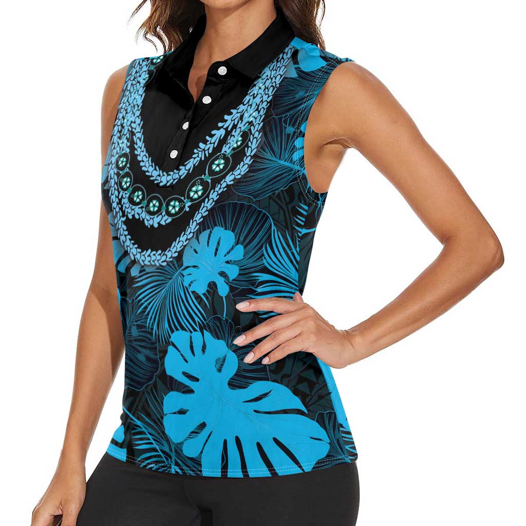 Blue Hawaii Kukui Nut Lei Women Sleeveless Polo Shirt Hawaiian Pattern Monstera Tropical Vibes LT14 - Polynesian Pride