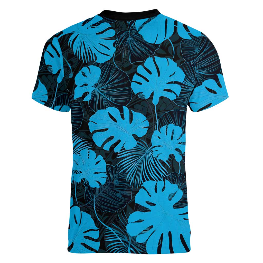 Blue Hawaii Kukui Nut Lei Women V-Neck T-Shirt Hawaiian Pattern Monstera Tropical Vibes LT14 - Polynesian Pride