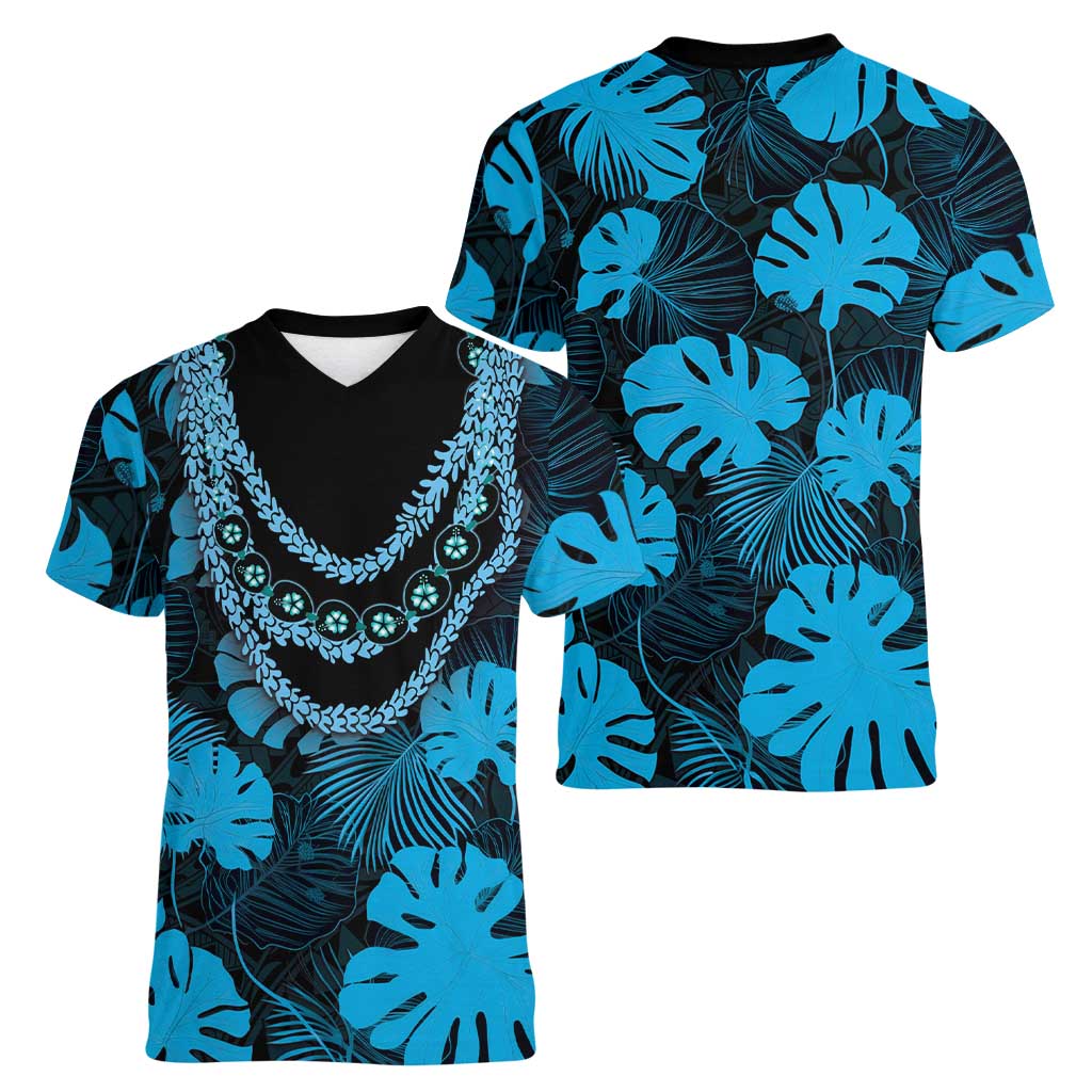 Blue Hawaii Kukui Nut Lei Women V-Neck T-Shirt Hawaiian Pattern Monstera Tropical Vibes LT14 - Polynesian Pride