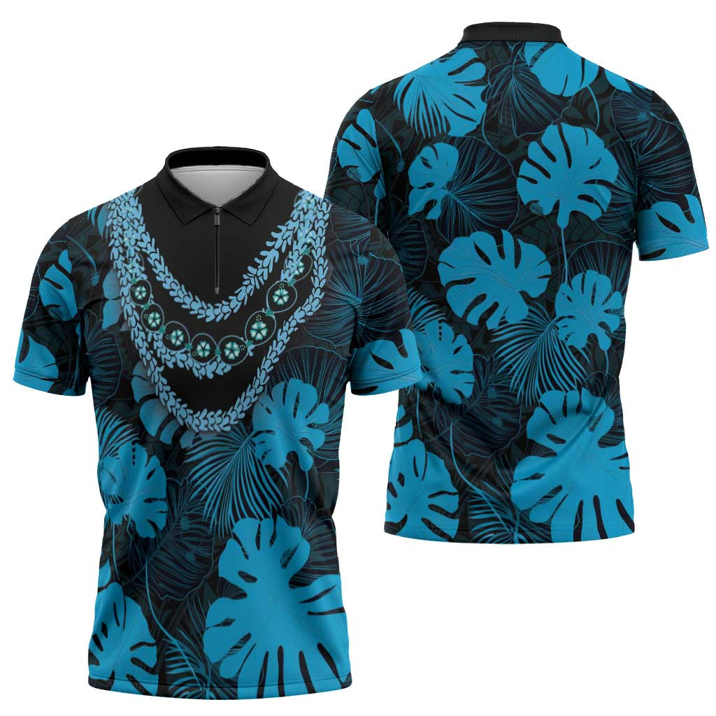Blue Hawaii Kukui Nut Lei Zipper Polo Shirt Hawaiian Pattern Monstera Tropical Vibes LT14 - Polynesian Pride
