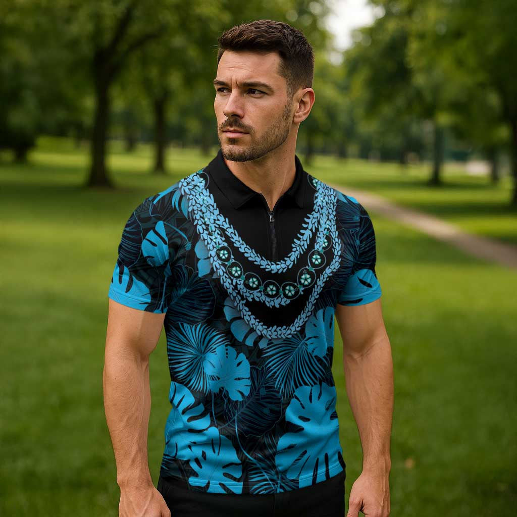 Blue Hawaii Kukui Nut Lei Zipper Polo Shirt Hawaiian Pattern Monstera Tropical Vibes LT14 - Polynesian Pride
