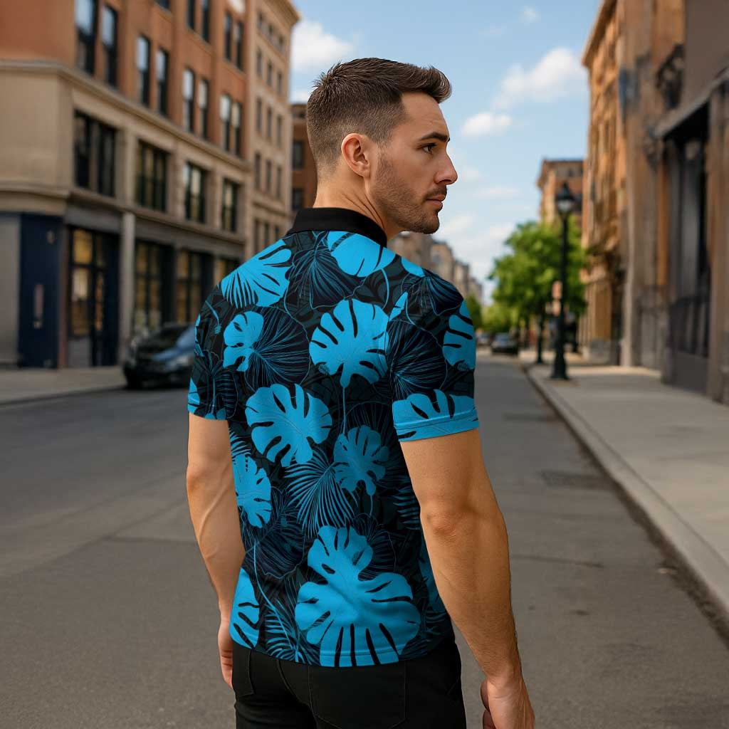 Blue Hawaii Kukui Nut Lei Zipper Polo Shirt Hawaiian Pattern Monstera Tropical Vibes LT14 - Polynesian Pride