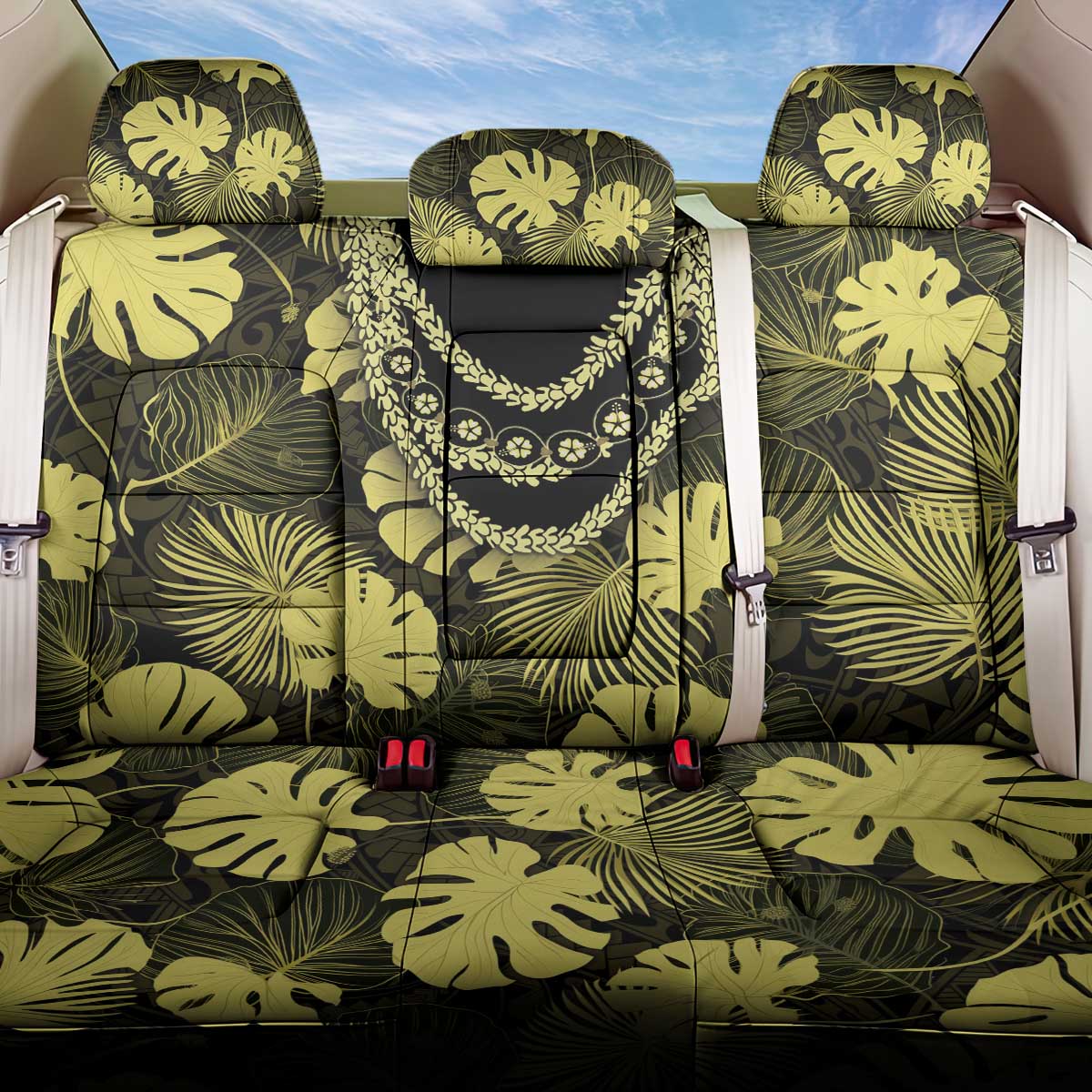 Yellow Hawaii Kukui Nut Lei Back Car Seat Cover Hawaiian Pattern Monstera Tropical Vibes - Polynesian Pride