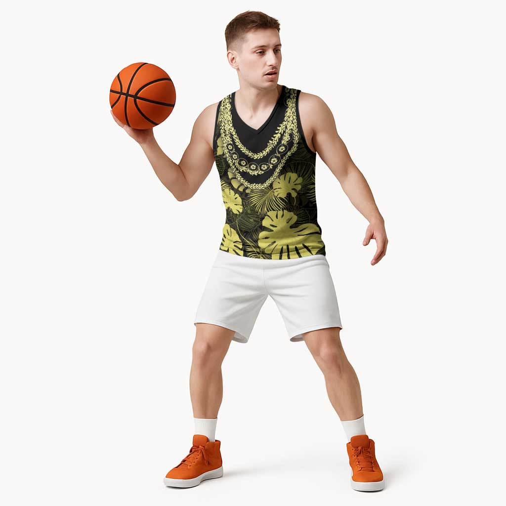 Yellow Hawaii Kukui Nut Lei Basketball Jersey Hawaiian Pattern Monstera Tropical Vibes - Polynesian Pride