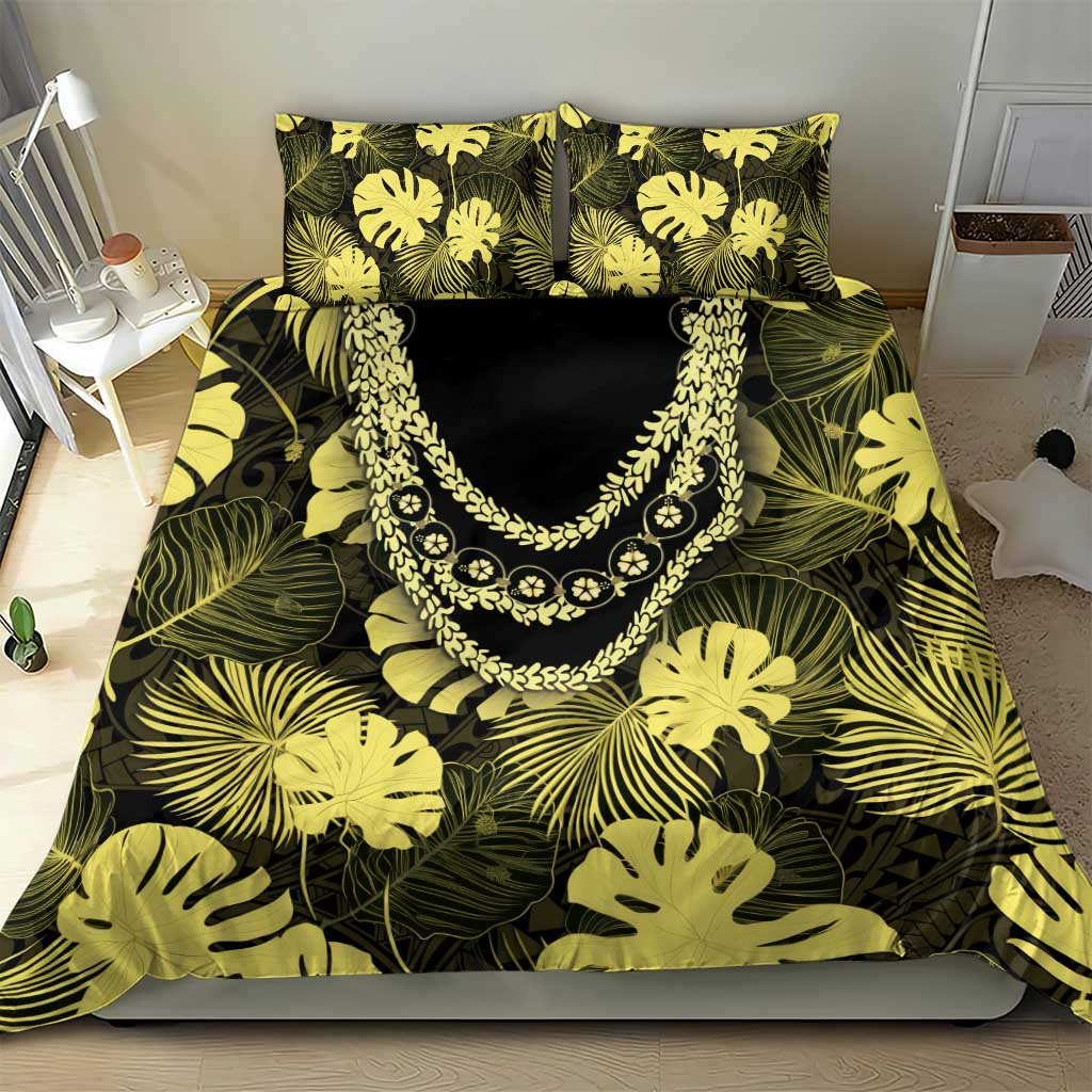 Yellow Hawaii Kukui Nut Lei Bedding Set Hawaiian Pattern Monstera Tropical Vibes - Polynesian Pride