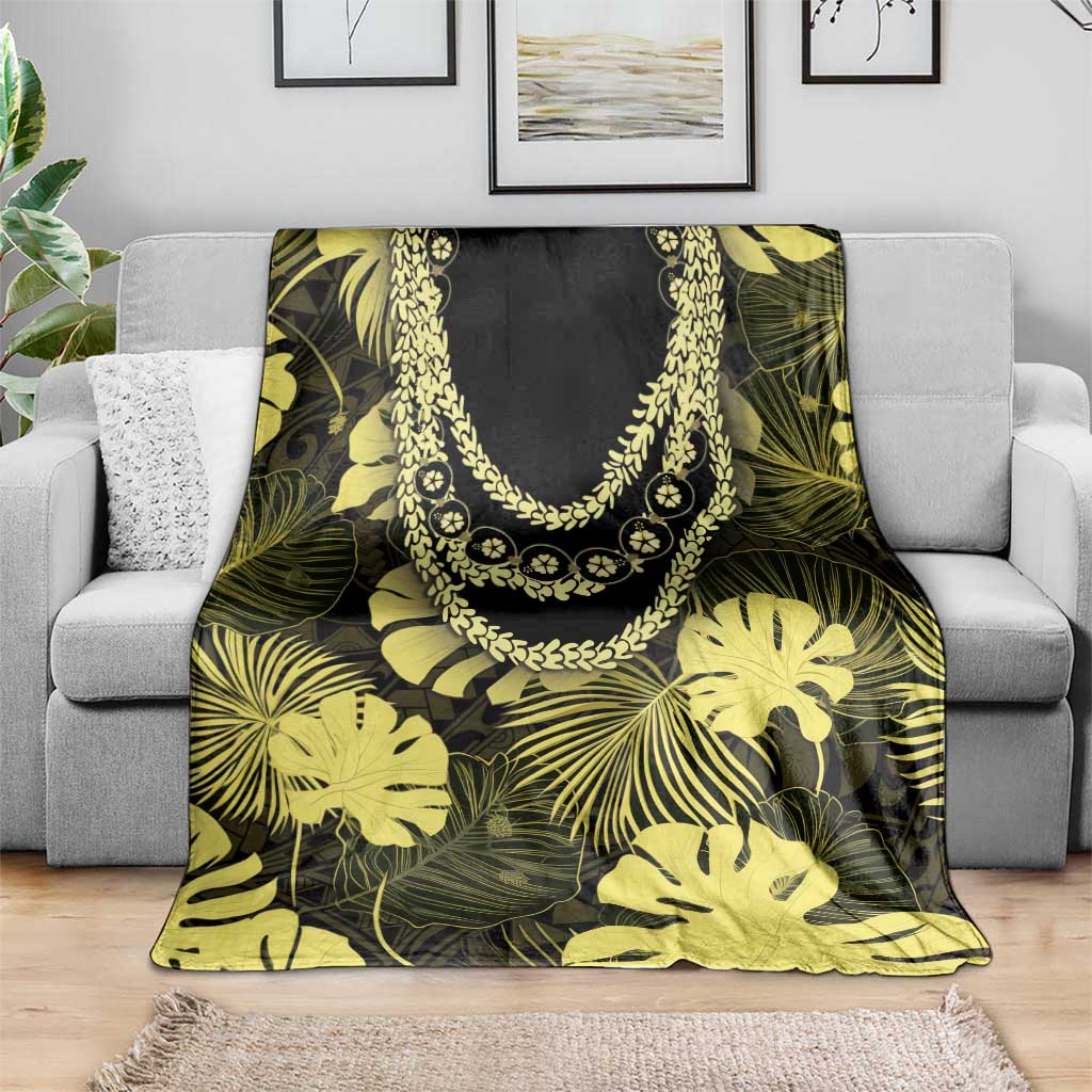 Yellow Hawaii Kukui Nut Lei Blanket Hawaiian Pattern Monstera Tropical Vibes - Polynesian Pride