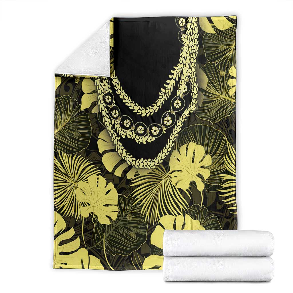 Yellow Hawaii Kukui Nut Lei Blanket Hawaiian Pattern Monstera Tropical Vibes - Polynesian Pride