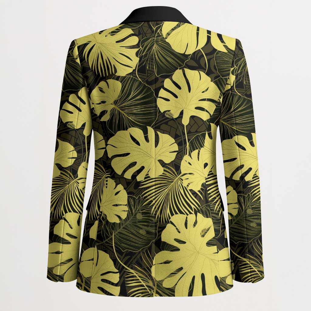 Yellow Hawaii Kukui Nut Lei Blazer Hawaiian Pattern Monstera Tropical Vibes - Polynesian Pride
