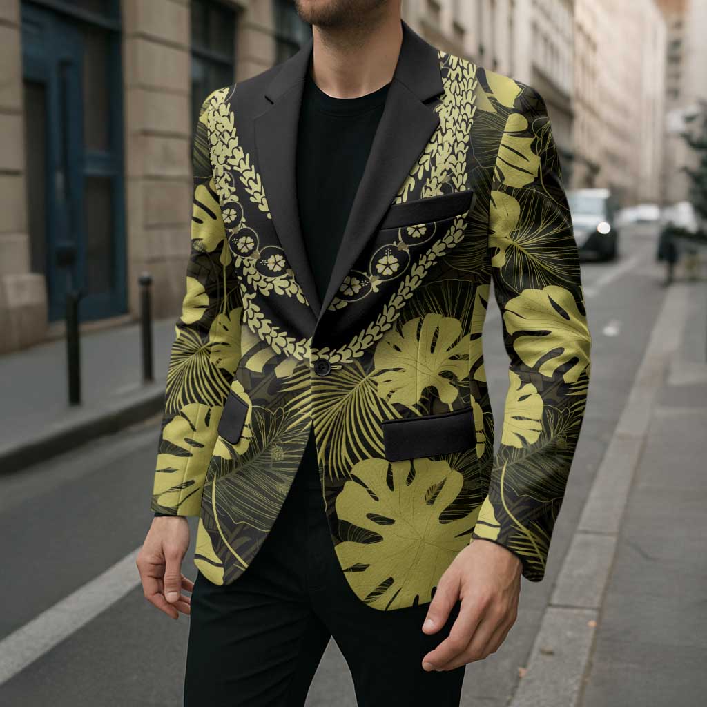 Yellow Hawaii Kukui Nut Lei Blazer Hawaiian Pattern Monstera Tropical Vibes - Polynesian Pride