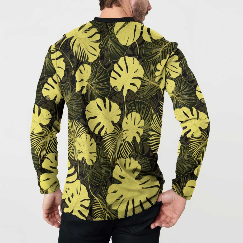 Yellow Hawaii Kukui Nut Lei Button Sweatshirt Hawaiian Pattern Monstera Tropical Vibes LT14 - Polynesian Pride