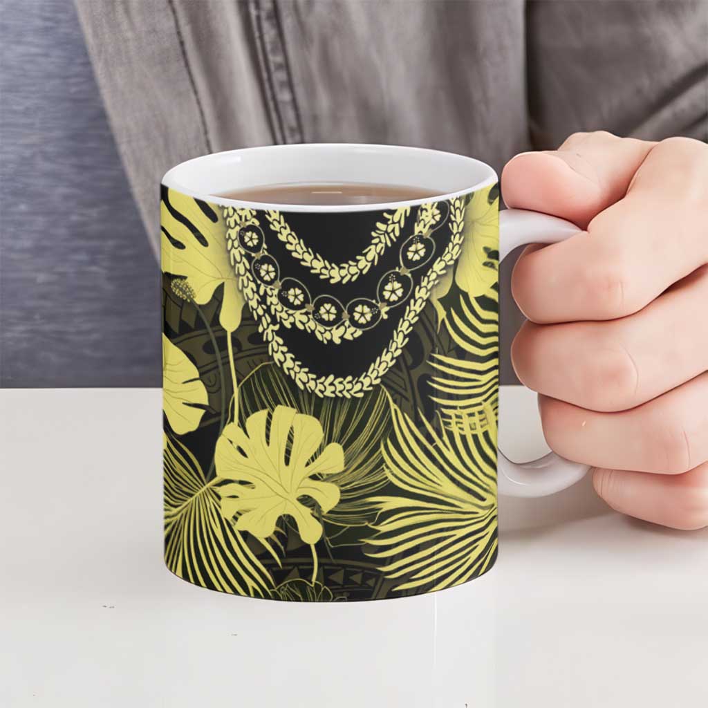 Yellow Hawaii Kukui Nut Lei Ceramic Mug Hawaiian Pattern Monstera Tropical Vibes - Polynesian Pride