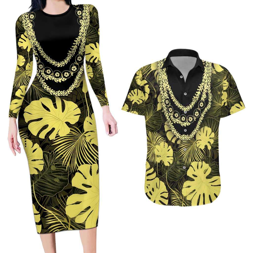 Yellow Hawaii Kukui Nut Lei Couples Matching Long Sleeve Bodycon Dress and Hawaiian Shirt Hawaiian Pattern Monstera Tropical Vibes - Polynesian Pride
