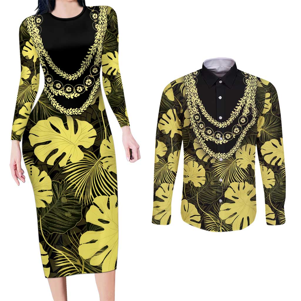 Yellow Hawaii Kukui Nut Lei Couples Matching Long Sleeve Bodycon Dress and Long Sleeve Button Shirt Hawaiian Pattern Monstera Tropical Vibes - Polynesian Pride