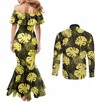 Yellow Hawaii Kukui Nut Lei Couples Matching Mermaid Dress and Long Sleeve Button Shirt Hawaiian Pattern Monstera Tropical Vibes - Polynesian Pride