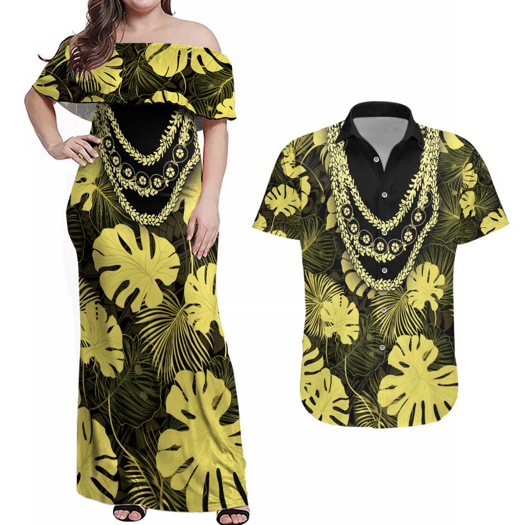 Yellow Hawaii Kukui Nut Lei Couples Matching Off Shoulder Maxi Dress and Hawaiian Shirt Hawaiian Pattern Monstera Tropical Vibes - Polynesian Pride