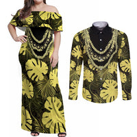 Yellow Hawaii Kukui Nut Lei Couples Matching Off Shoulder Maxi Dress and Long Sleeve Button Shirt Hawaiian Pattern Monstera Tropical Vibes - Polynesian Pride