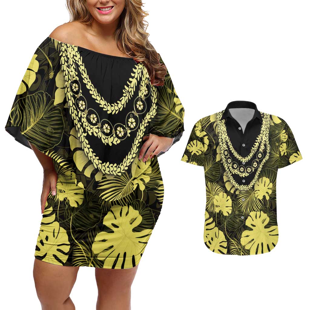 Yellow Hawaii Kukui Nut Lei Couples Matching Off Shoulder Short Dress and Hawaiian Shirt Hawaiian Pattern Monstera Tropical Vibes - Polynesian Pride