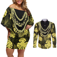 Yellow Hawaii Kukui Nut Lei Couples Matching Off Shoulder Short Dress and Long Sleeve Button Shirt Hawaiian Pattern Monstera Tropical Vibes - Polynesian Pride