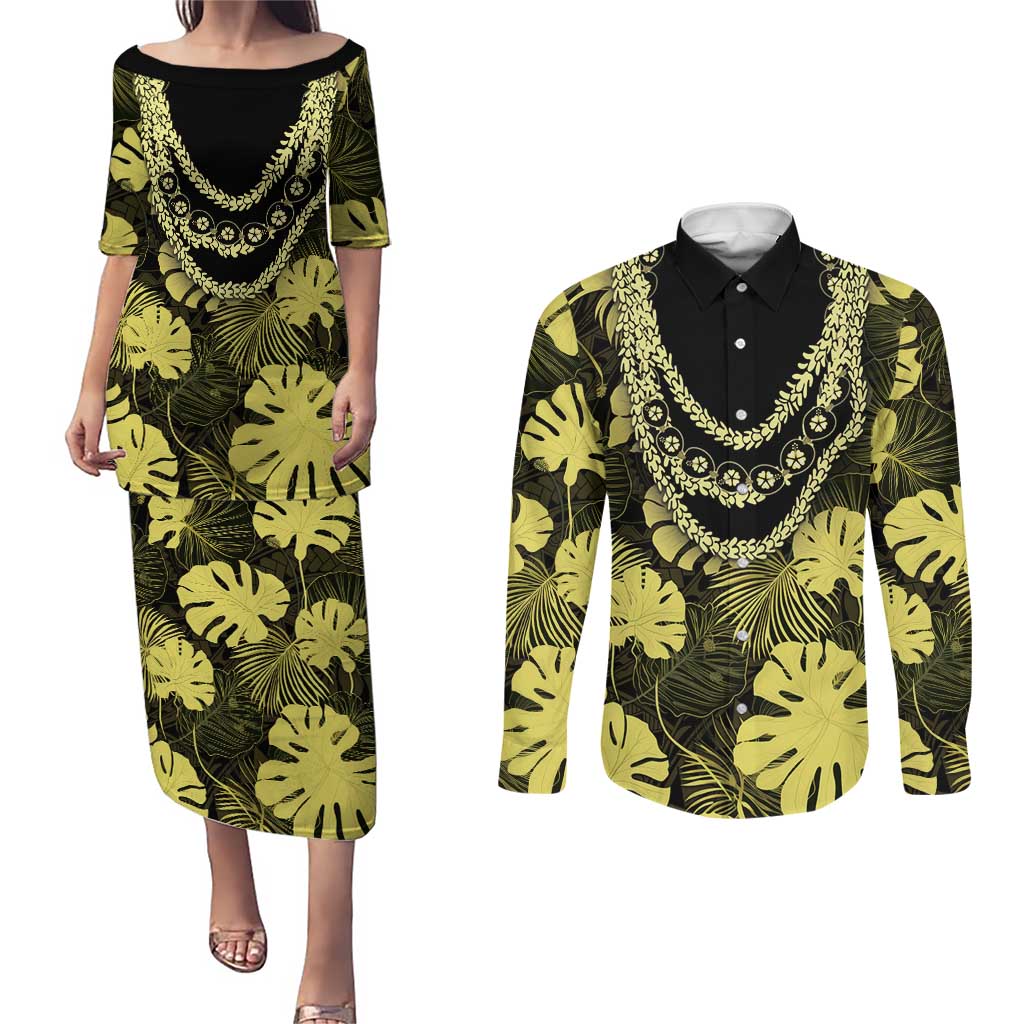 Yellow Hawaii Kukui Nut Lei Couples Matching Puletasi and Long Sleeve Button Shirt Hawaiian Pattern Monstera Tropical Vibes - Polynesian Pride