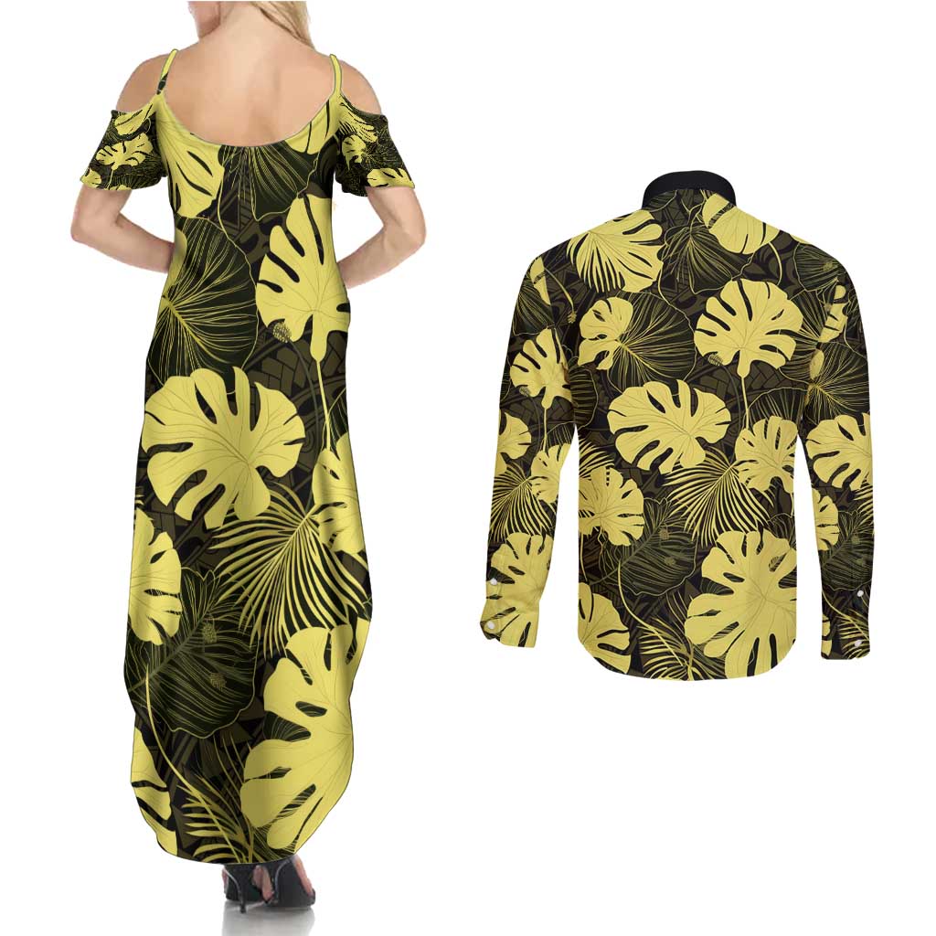 Yellow Hawaii Kukui Nut Lei Couples Matching Summer Maxi Dress and Long Sleeve Button Shirt Hawaiian Pattern Monstera Tropical Vibes - Polynesian Pride