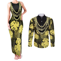 Yellow Hawaii Kukui Nut Lei Couples Matching Tank Maxi Dress and Long Sleeve Button Shirt Hawaiian Pattern Monstera Tropical Vibes - Polynesian Pride