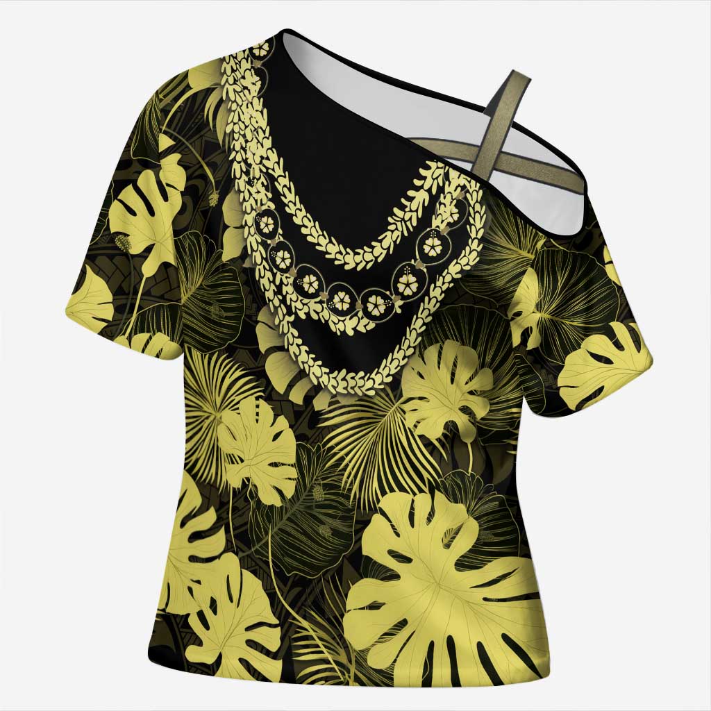 Yellow Hawaii Kukui Nut Lei Cross Shoulder Shirt Hawaiian Pattern Monstera Tropical Vibes LT14 Female Yellow - Polynesian Pride