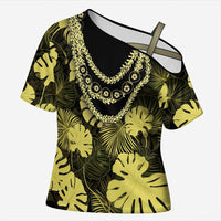 Yellow Hawaii Kukui Nut Lei Cross Shoulder Shirt Hawaiian Pattern Monstera Tropical Vibes LT14 Female Yellow - Polynesian Pride