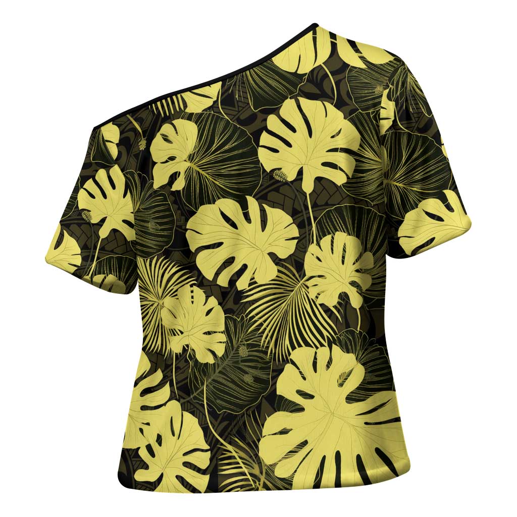 Yellow Hawaii Kukui Nut Lei Cross Shoulder Shirt Hawaiian Pattern Monstera Tropical Vibes LT14 - Polynesian Pride