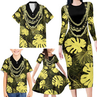 Yellow Hawaii Kukui Nut Lei Family Matching Long Sleeve Bodycon Dress and Hawaiian Shirt Hawaiian Pattern Monstera Tropical Vibes - Polynesian Pride