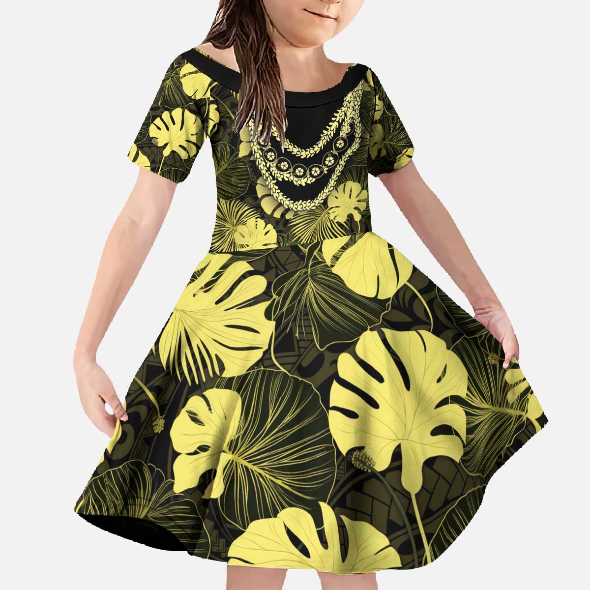 Yellow Hawaii Kukui Nut Lei Family Matching Off The Shoulder Long Sleeve Dress and Hawaiian Shirt Hawaiian Pattern Monstera Tropical Vibes - Polynesian Pride