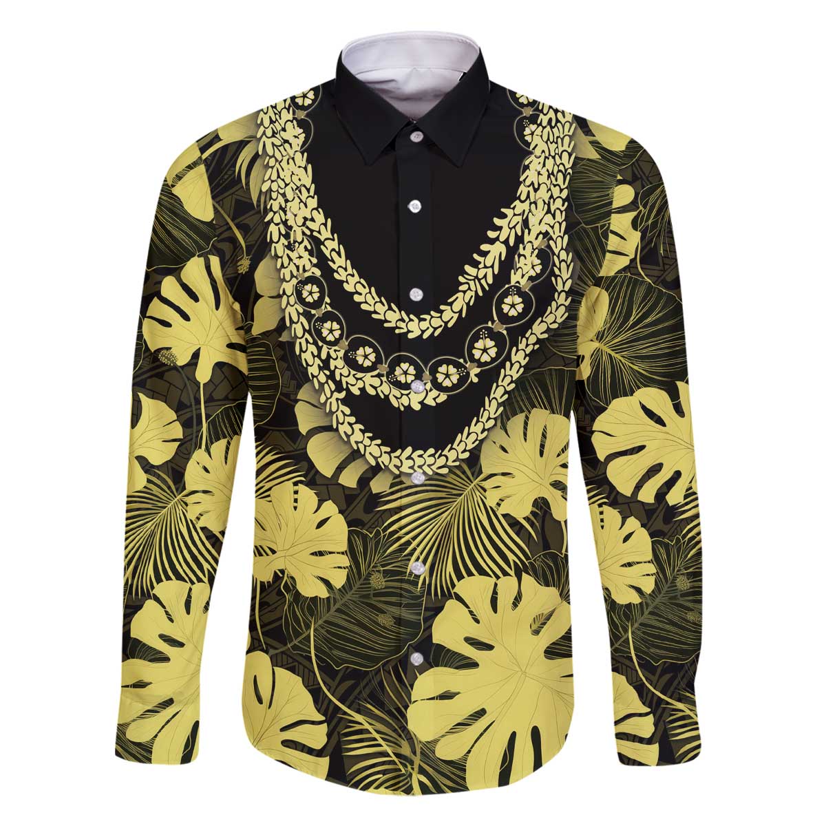 Yellow Hawaii Kukui Nut Lei Family Matching Off The Shoulder Long Sleeve Dress and Hawaiian Shirt Hawaiian Pattern Monstera Tropical Vibes - Polynesian Pride