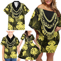 Yellow Hawaii Kukui Nut Lei Family Matching Off Shoulder Short Dress and Hawaiian Shirt Hawaiian Pattern Monstera Tropical Vibes - Polynesian Pride