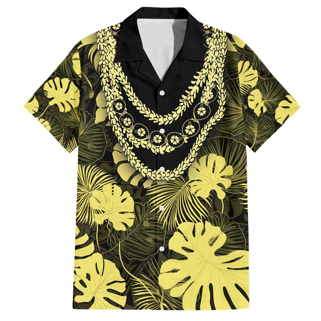Yellow Hawaii Kukui Nut Lei Family Matching Off Shoulder Short Dress and Hawaiian Shirt Hawaiian Pattern Monstera Tropical Vibes - Polynesian Pride