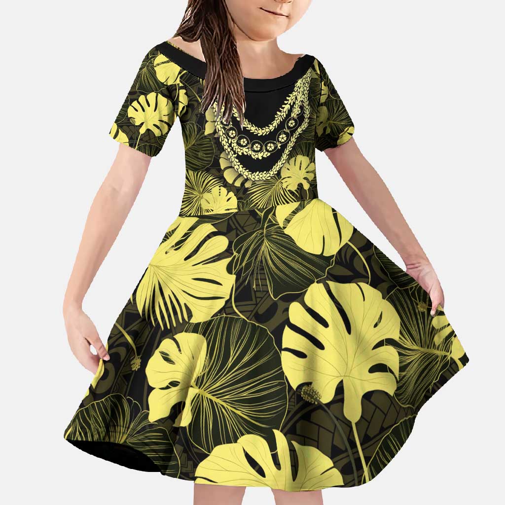 Yellow Hawaii Kukui Nut Lei Family Matching Short Sleeve Bodycon Dress and Hawaiian Shirt Hawaiian Pattern Monstera Tropical Vibes - Polynesian Pride