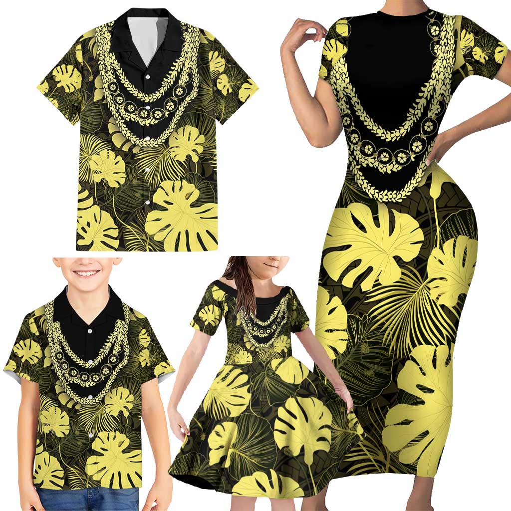Yellow Hawaii Kukui Nut Lei Family Matching Short Sleeve Bodycon Dress and Hawaiian Shirt Hawaiian Pattern Monstera Tropical Vibes - Polynesian Pride