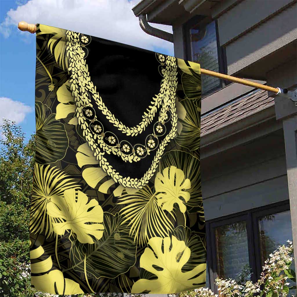 Yellow Hawaii Kukui Nut Lei Garden Flag Hawaiian Pattern Monstera Tropical Vibes - Polynesian Pride