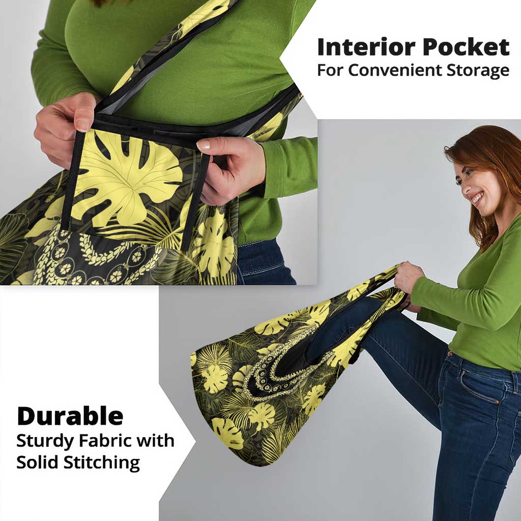 Yellow Hawaii Kukui Nut Lei Grocery Bag Hawaiian Pattern Monstera Tropical Vibes - Polynesian Pride