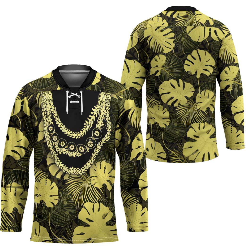 Yellow Hawaii Kukui Nut Lei Hockey Jersey Hawaiian Pattern Monstera Tropical Vibes - Polynesian Pride
