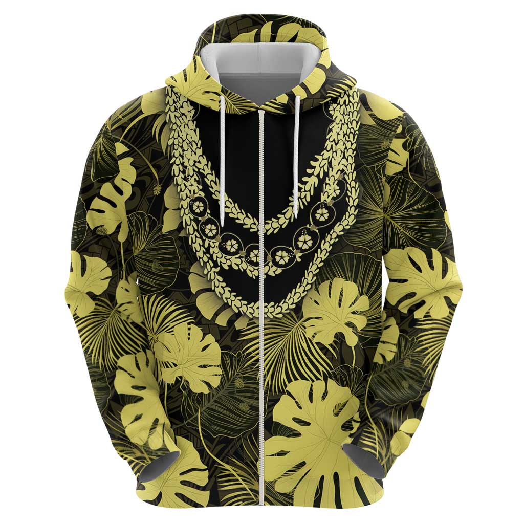 Yellow Hawaii Kukui Nut Lei Hoodie Hawaiian Pattern Monstera Tropical Vibes - Polynesian Pride
