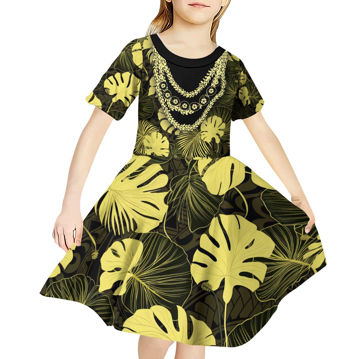 Yellow Hawaii Kukui Nut Lei Kid Short Sleeve Dress Hawaiian Pattern Monstera Tropical Vibes - Polynesian Pride