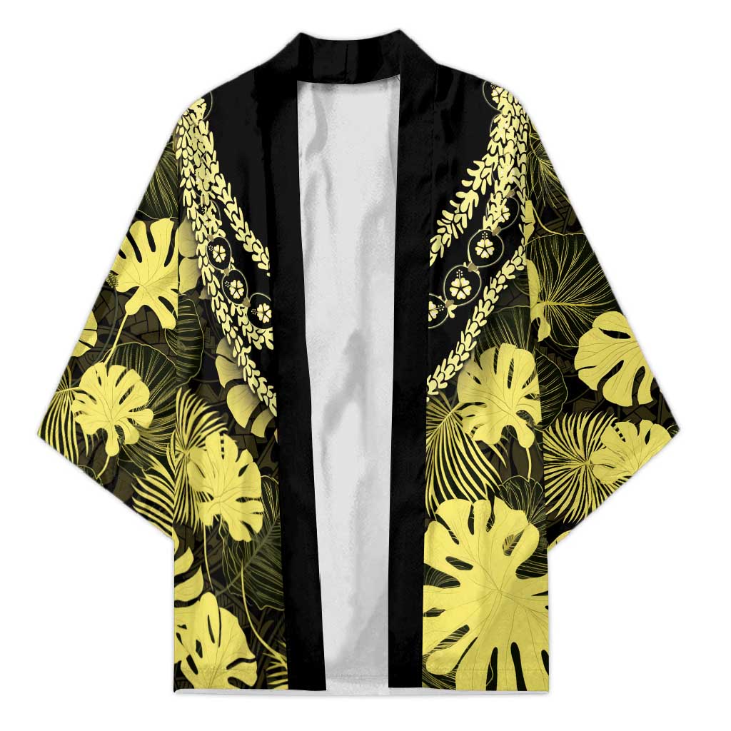 Yellow Hawaii Kukui Nut Lei Kimono Hawaiian Pattern Monstera Tropical Vibes - Polynesian Pride