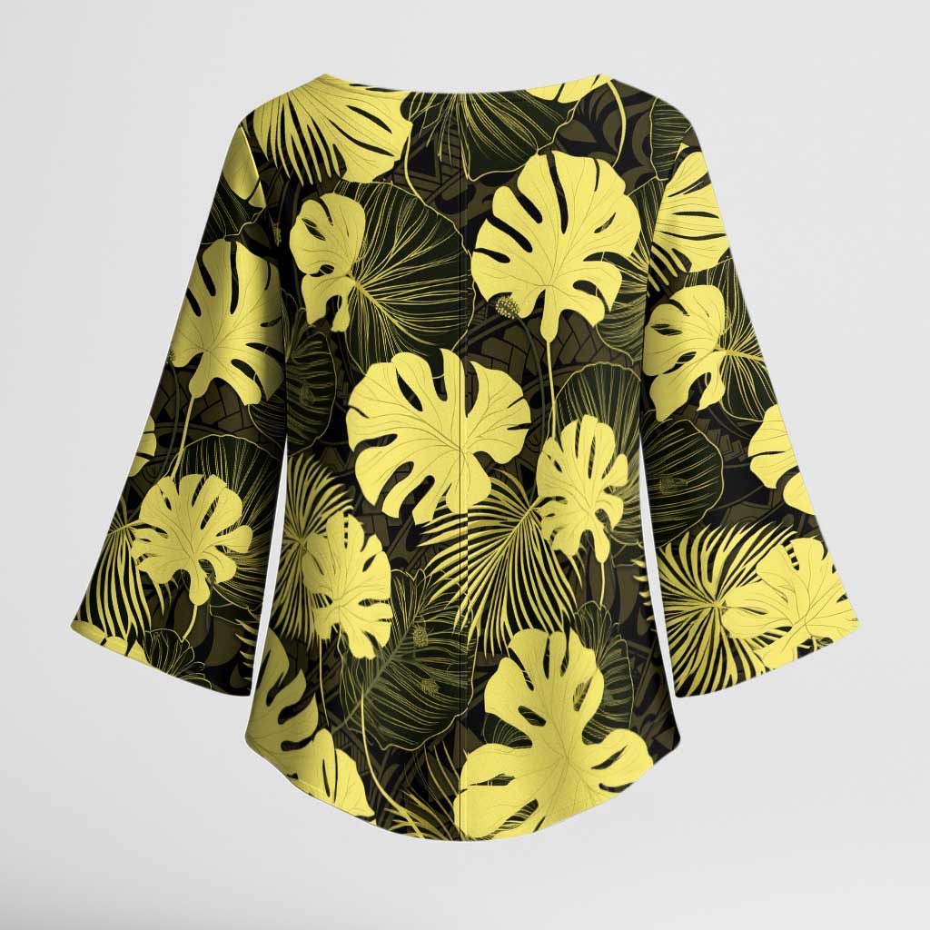 Yellow Hawaii Kukui Nut Lei Kimono Sleeve Blouse Hawaiian Pattern Monstera Tropical Vibes LT14 - Polynesian Pride