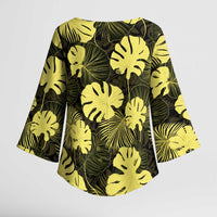 Yellow Hawaii Kukui Nut Lei Kimono Sleeve Blouse Hawaiian Pattern Monstera Tropical Vibes LT14 - Polynesian Pride