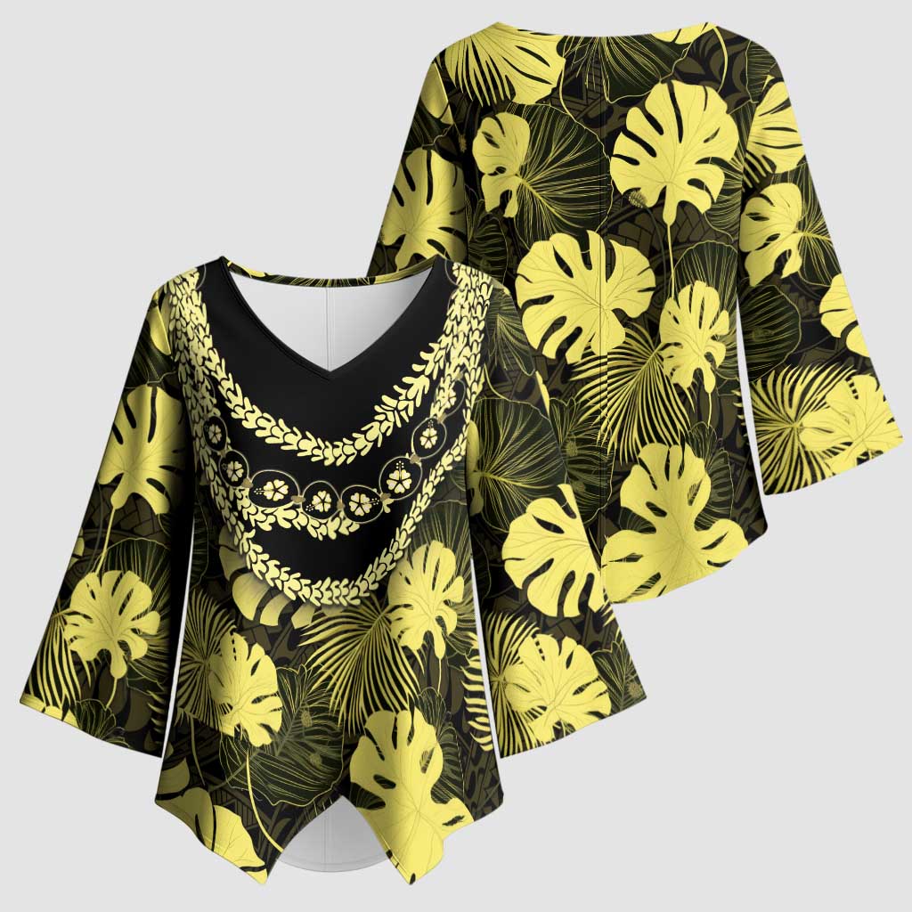 Yellow Hawaii Kukui Nut Lei Kimono Sleeve Blouse Hawaiian Pattern Monstera Tropical Vibes LT14 - Polynesian Pride