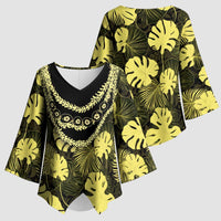 Yellow Hawaii Kukui Nut Lei Kimono Sleeve Blouse Hawaiian Pattern Monstera Tropical Vibes LT14 - Polynesian Pride