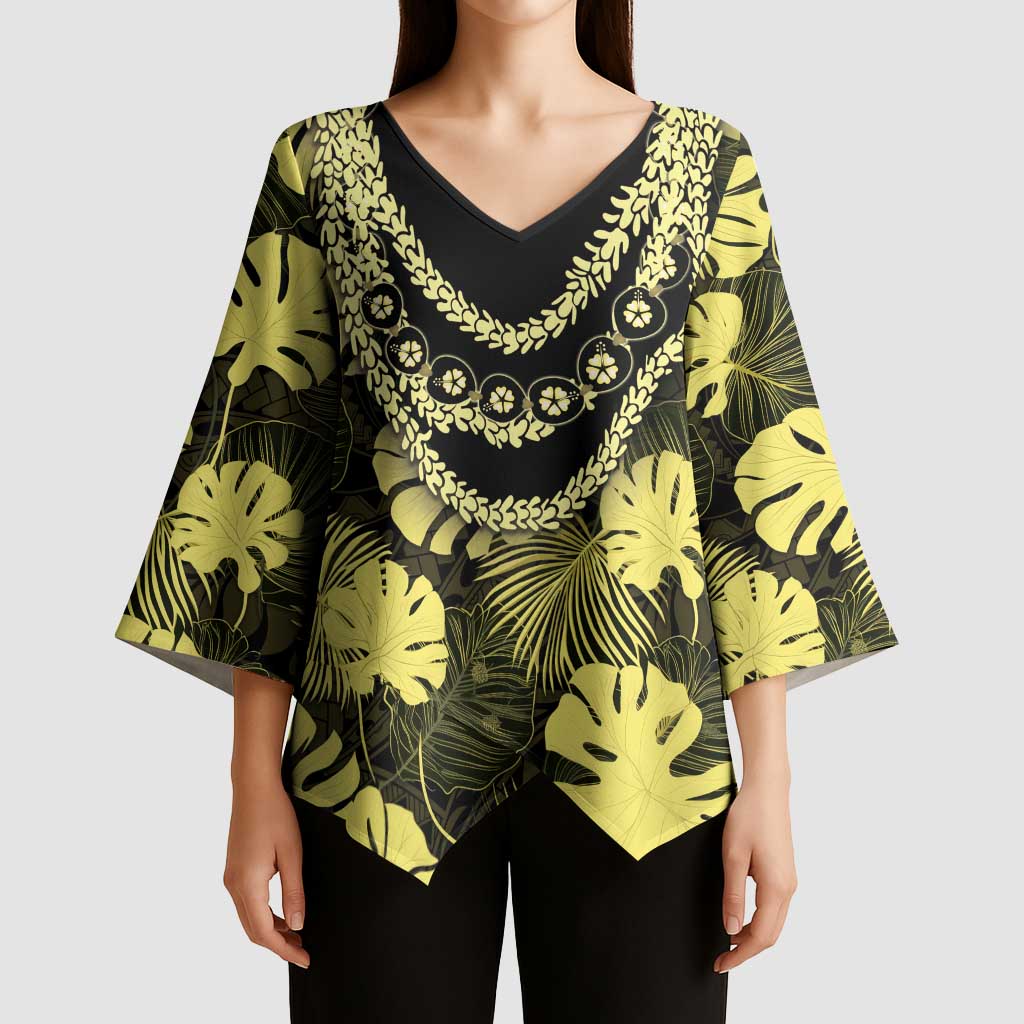Yellow Hawaii Kukui Nut Lei Kimono Sleeve Blouse Hawaiian Pattern Monstera Tropical Vibes LT14 - Polynesian Pride
