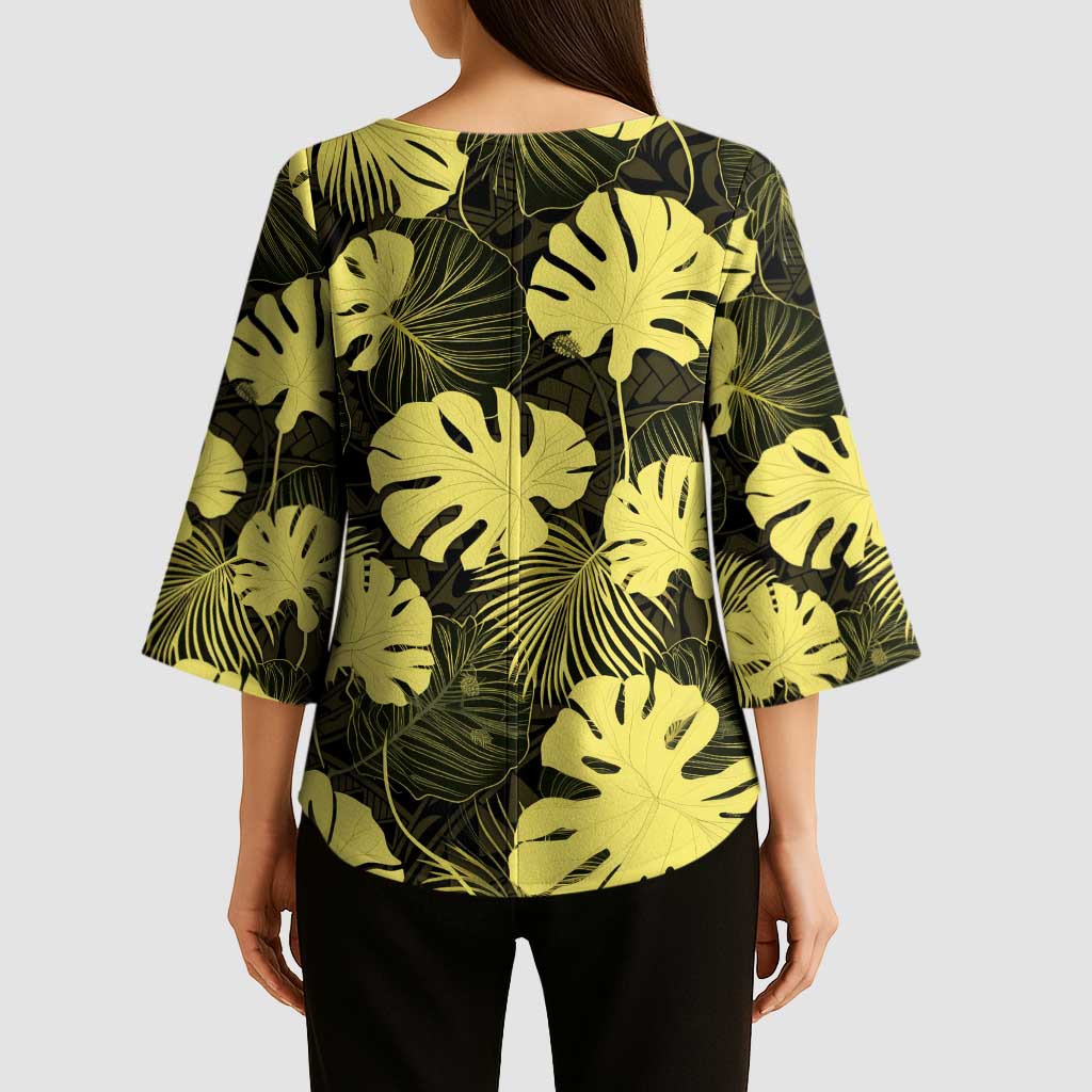 Yellow Hawaii Kukui Nut Lei Kimono Sleeve Blouse Hawaiian Pattern Monstera Tropical Vibes LT14 - Polynesian Pride